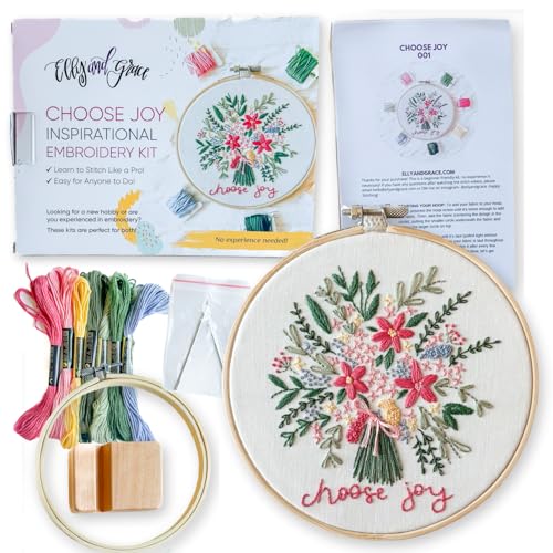 Elly & Grace Christian Embroidery Kit with Embroidery Hoop, Easy Embroidery Kit for Beginners and Adults, Full Embroidery Hoop Kit with Needles and Thread Included (Choose Joy) - style: Choose Joy