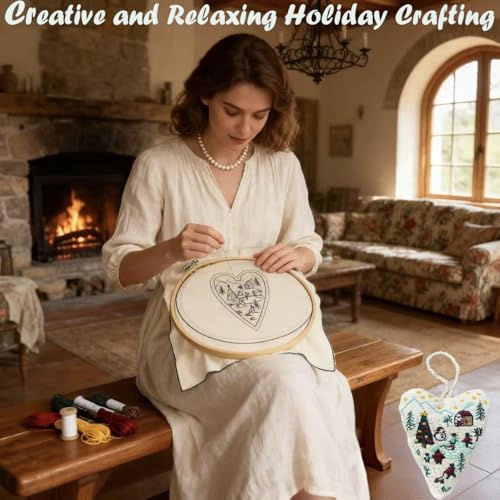 DIY Heart Shaped Hand Embroidered Christmas Ornament Kit Complete Craft Set with Pre-Printed Fabric Embroidery Thread Holiday Cross Stitch Decor for Beginners Adults and Home Decor (Finished product)
