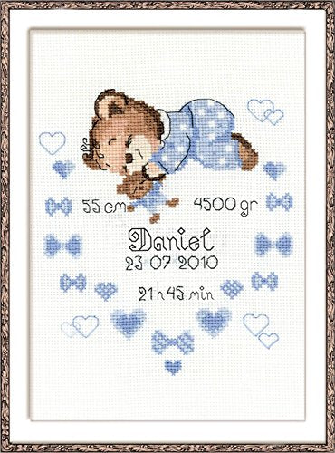 RIOLIS 1124 Boys Birth Announcement Counted Cross Stitch Kit 7 x 9.5 in - style: Boys Birth Announcement 1124