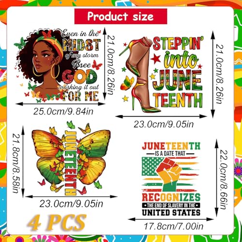 Juneteenth Iron On Transfer Patches, 4 Sheets Ready to Press Vinyl Stickers Iron On Transfers Patches for Clothing T-Shirts Washable Heat Press Decals Black History Month Clothes Decoration Applique - color: Juneteenth B