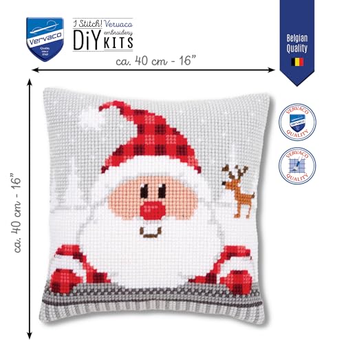 Vervaco Cross Stitch Christmas Pillow Kit Santa Joy DIY Home Decor Stamped Embroidery Chunky Cross Stitch Cushion Craft Supplies ca. 16" x 16" Needlepoint Kits for Adults Creative Gift - size: Santa with Reindeer