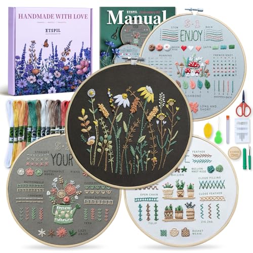 ETSPIL Embroidery Kit for Adults, 2 Hoops, 4K Slow-Mo, Pre-Printed Patterns - color: flower D4