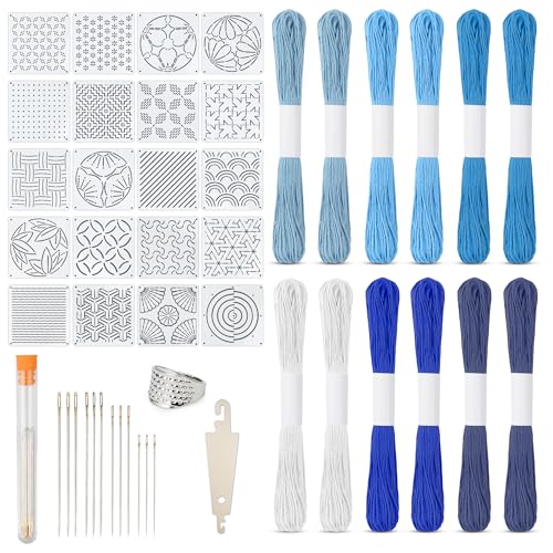 46 Pcs Sashiko Thread Kit - Skeins Blue Sashiko Thread，Sashiko Needles，Sashiko Patterns,Embroidery Projects for Sewing Hand Quilting Mending Supplies - color: blue