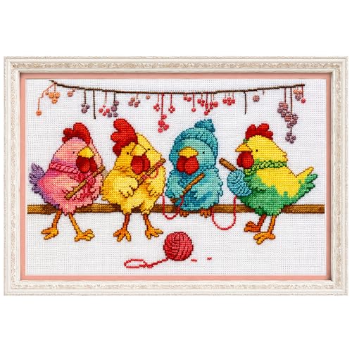 Zhenqing Charming Knitting Chickens Cross Stitch Kit for Beginners - 11CT Printed 12x20inch Aida Cloth, Threads & Needle Included (No Hoop/Scissors)(67427) - color: 67427