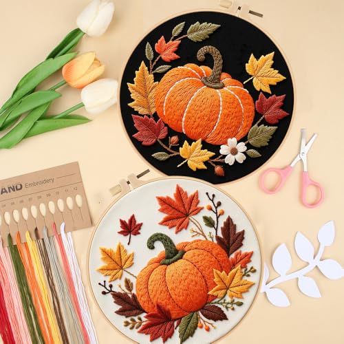 Konrisa Pumpkin Embroidery Kits, Stamped Embroidery Starter Kit for Adult with Hoop,Needlepoint Cross Stitch Kit,Set of 3 - color: yellow pumpkin