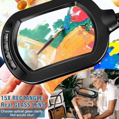 Large Magnifying Glass with Light and Stand, 15X Rectangle Optical Real Glass Lens, Height Adjustable Gooseneck Magnifier Floor Lamp, 5 Color Modes LED Dimmable Lighted Hands Free for Close Work Craft - color: Black