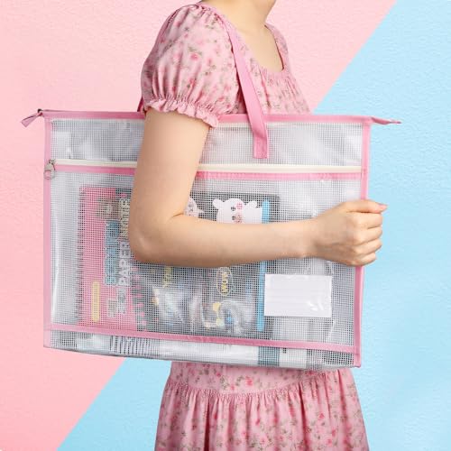 Hedume 3 Pcs A3 Project Bags, Clear Mesh Sewing Bag with Zipper, Handle & Pockets, Clear Mesh Design Art Supply Bag Artwork Storage Organize for Artworks, Charts and Teaching Material Multipurpose