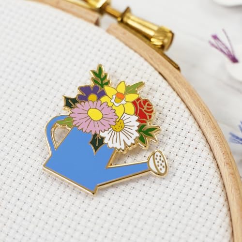 Caterpillar Cross Stitch Floral Watering Can Magnetic Enamel Needle Minder, for Cross Stitch, Embroidery and Needlework