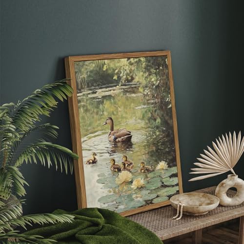 Framed Vintage Duck Canvas Wall Art, Rustic Farmhouse Animal Family Pictures Wall Decor, Country Nature Pond Paintings Prints Cottagecore Home Decor for Living Room Bedroom Bathroom 8x10 inch - color: Duck, size: 10"L x 8"W