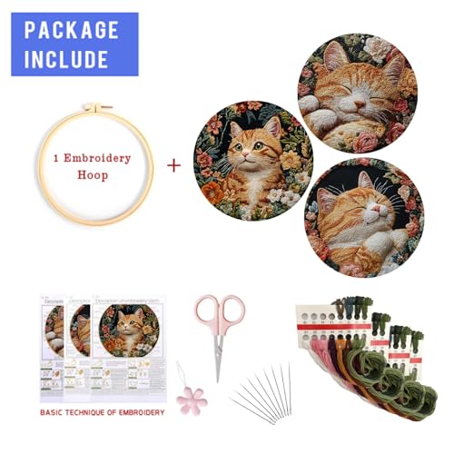 LB Orange Cat Embroidery Kit for Beginners Adults, 3 Sets Hand Embroidery Starter Kit with Floral Pattern and Instructions Stamped Cross Stitch Kits Include Embroidery Hoop Needles Threads Scissors - color: Orange Green