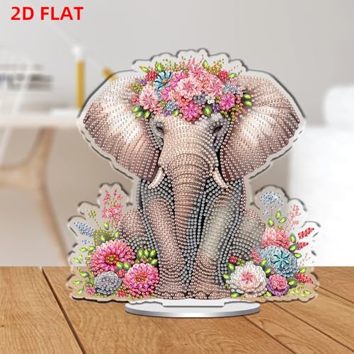 POETRYDRAW DIY Diamond Art Ornament Desktop Kit Elephant, Stand Up Acrylic Diamonds Painting Ornament for Adults, 5D Special Diamond Gem Craft Tabletop Placement Board Kit - color: Elephant Flower
