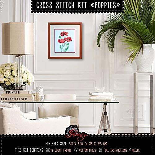 Povitrulya Counted Cross Stitch Kit “Poppies” | Poppy Wildflowers Hand Embroidery Kits for Adults | DIY Handmade Gift for Mother's Day - color: Poppies