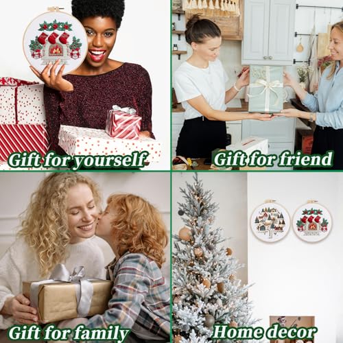 FONNUY Crewel Christmas Embroidery Kit for Beginners, Cross Stitch Set Winter Snow Scene Pine Owl Pattern for Adults, Easy to Follow Color Thread Needlework, 8'' Hoop (Fireplace) - style: Fireplace