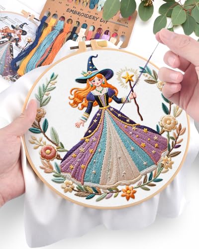 ERKOON Embroidery Kit for Beginners Adult, Cross Stitch Set Include Embroidery Cloth Hoops Threads for Craft Lover Hand Stitch with Embroidery Skill Techniques (White Witch) - color: White Witch