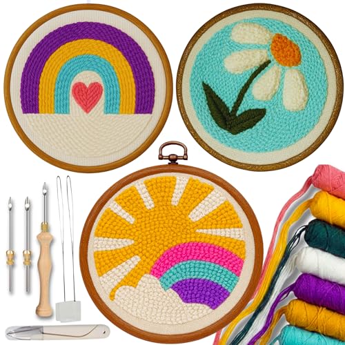 Zyrose Punch Needle Kit for Beginners & Adults, Printed Fabric, 8" Non-Slip Hoop, 3 Interchangeable Needles, Premium Merino Yarn – Complete Starter Set – Joyful Days - style: Joyful Days