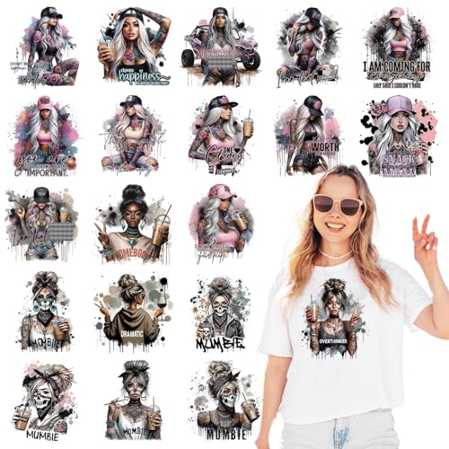 Dtf Transfers Ready to Press - 20 Pcs Cool Style Girls Heat Transfer Vinyl Stickers Funny Mama Skull Coffee Iron on Patches Decals for T-Shirts Clothes Bag Pillow DIY Fabric Decor - color: Cool Style Girls