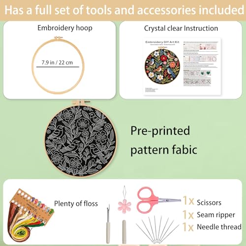Ohcol Embroidery Kit Beginners Cross Stitch Needlepoint Kits for Adults Needle Point Kits with Hummingbird & Hoop - color: Black - Hummingbird