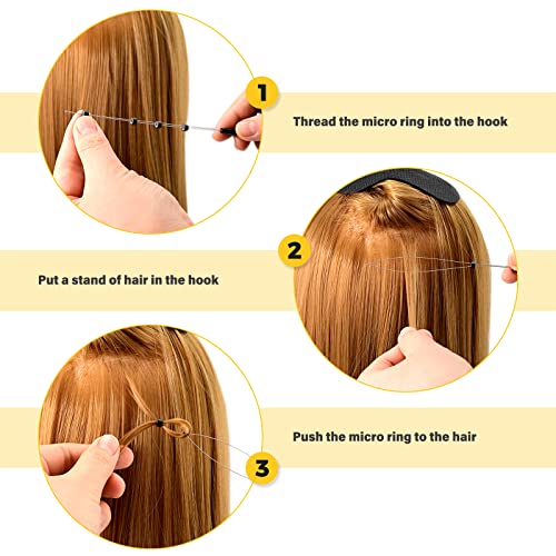Gomake Hair Extensions Closed and Remover Pliers set, Micro Silicone Rings Beads Hair Extensions Loop Needle Threader Pulling Hook Tool and Bead Device Tool for Hair or Feather Extensions (Black) - color: Black