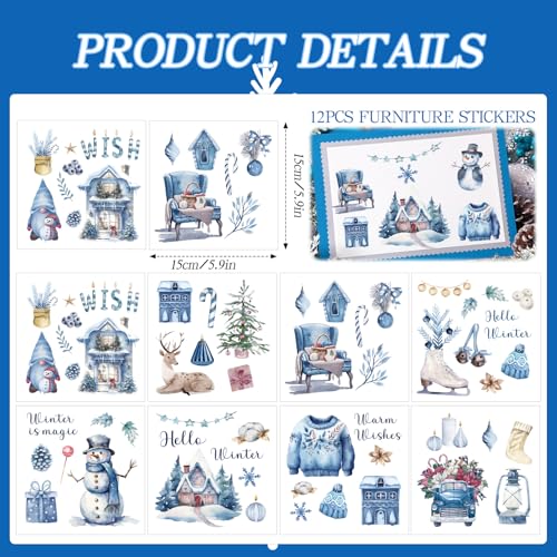 Winter Christmas Rub on Transfers for Crafts - Wxiben 12 Sheets Snowman Snowflake Rub on Transfers for Furniture Blue Xmas Gnome Rub on Transfer Decal Stickers for Wood DIY Craft Office Home Decor - style: Winter Christmas