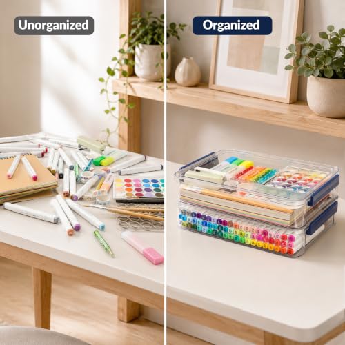 CATOOMUU 2-Pack 9x13 Clear Plastic Project Case Stackable Storage Box - color: Large-Blue
