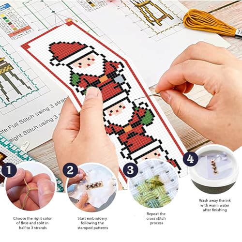 FREEBLOSS 6 Set Christmas Cross Stitch Bookmark Kits - Santa Claus Pattern Stamped Embroidery Bookmarks for Beginners - style: Christmas Animals