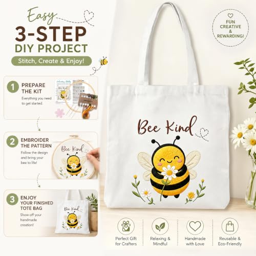 Nuberlic Bee Embroidery Tote Bag Kit for Beginners Stamped Embroidery - color: Bee