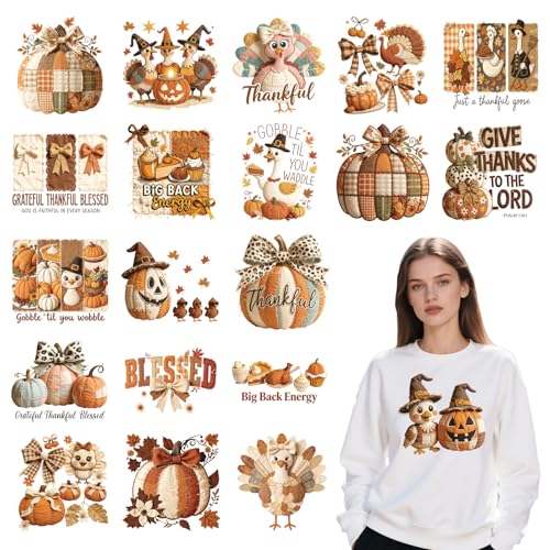 Fall Thanksgiving Iron on Transfers - 20Pcs Dtf Transfers Ready to Press, Autumn Pumpkin Turkey Iron on Decals Patches, Fall Give Thanks Heat Sublimation Stickers for DIY Tshirts Clothes Bags - color: Fall Thanksgiving119