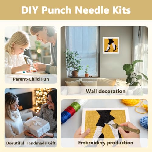 Doodlream High Heel Shoes Needle Kit for Beginner, 9.4"x 9.4" Retro Fashion Punch Stitching Craft Set, DIY Embroidery Starter with Printed Frame, Instruction, Threader, Yarn, Pinch Needle - color: High Heel Shoes