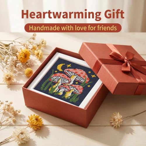 Mushroom Stamped Cross Stitch Kits for Beginners Adults with Framed - color: DKJ015