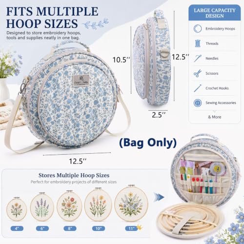 MYBAGZING Embroidery Bag, Hoop Storage Organizer up to 11" for Cross Stitch - color: Blue Flower