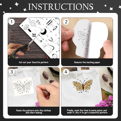 Water Soluble Embroidery Patterns Stabilizers - Rngmsi 4 Pcs Mystic Boho Stick and Stitch Embroidery Paper Wash Away, Flower Moon Cat Designs Transfer Patterns Stabilizers for Hand Sewing - color: Mystic Boho Flower