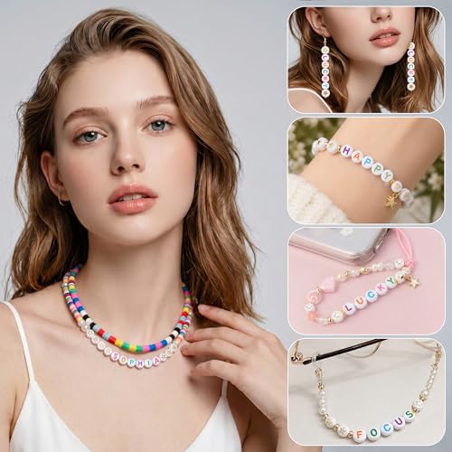 SUTOUG 1500PCS Letter Beads, 4x7mm White Alphabet Beads and Gold Star Beads - color: W+star