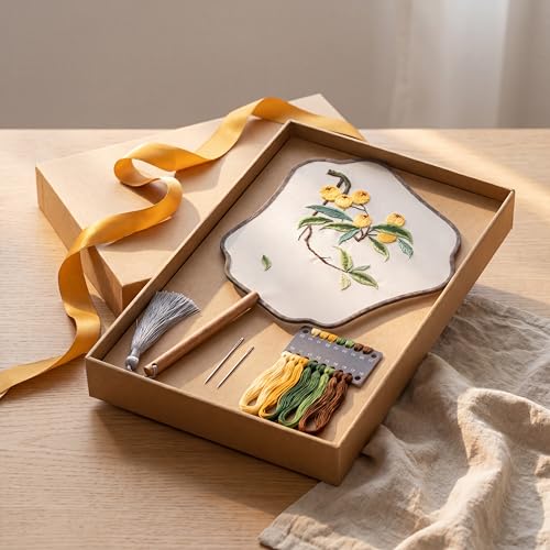 QIZUOLIFE Embroidery Fan Kit with Tutorial Videos, Loquat Pattern - style: Loquat