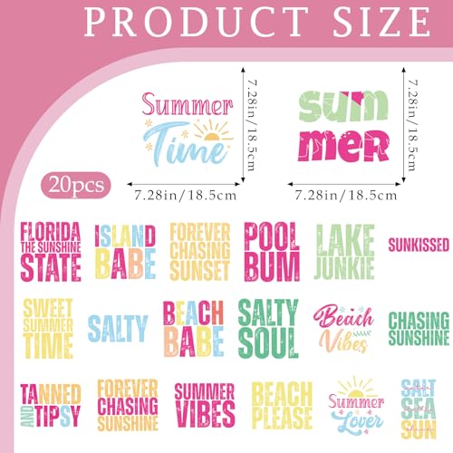 Dazoratix Summer Iron on Transfers - 20 Sheets Colorful Beach Vibes DTF Ready to Press Bulk Sun Heat Patches Stickers Vinyl Decals for T Shirts Clothing Pillow Bag Hat DIY Crafts Appliques Decorations - style: Summer