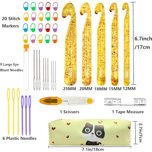 43 Pcs Large Crochet Hooks Set,12mm 15mm 18mm 20mm 25mm Large Crochet Hooks for Chunky Yarn,Plastic Crystal Smooth Big Crochet Needles for Handmade DIY Crochet with Storage Bag - color: Yellow