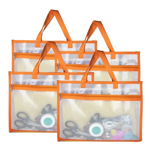 4 Pcs Portable Project Bags for Quilting Knitting, Stitching and Embroidery Projects Storage, Sew Project Bag with Zipper and Double Pockets, Transparent Mesh Sewing Project Bag for Crafter - size: 4 Pack
