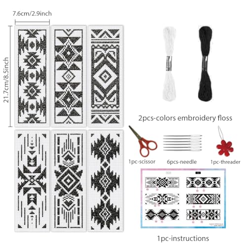 INFUNLY 6pcs Aztec Print Cross Stitch Bookmark Kit for Beginners DIY Vintage Geometry Embroidery Bookmark Kits Black White Needlepoint Kit with Instruction Easy Cross Stitch Set for Book Lovers Reader - style: Aztec Patterns