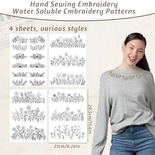 4 Sheets Water Soluble Stabilizer Embroidery Patterns Stick and Stitch Embroidery Flower Paper Floral Daisy Designs Wash Away Stabilizer Printable Draw Patterns for Hand Sewing Lover Beginners - style: A