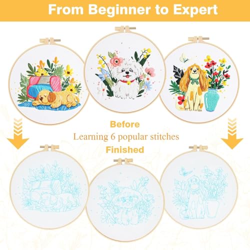 GLTAYLMY Cute Dogs Embroidery Kit for Beginners with Pattern and Instructions,3 Pack Cross Stitch Kits,1 Plastic Embroidery Hoops,Threads and Needles,Needlepoint Kit for Adults - color: Cute Dogs