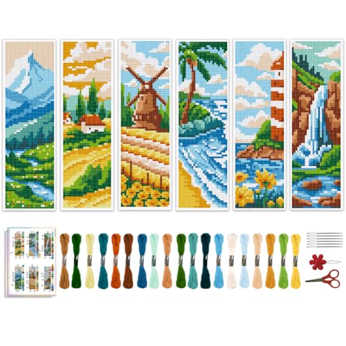ACRNIGHEET 6pcs Cross Stitch Bookmark Kits, Landscape DIY Cross Stitch Bookmarks, Embroidery Bookmark Cross Stitch Kits with Scenery Pattern, Stamped Cross Stitch Kit Bookmark for Beginners Adults - style: Mountain and river patterns