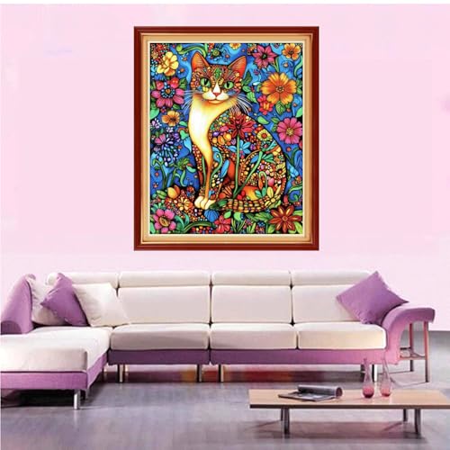 Artvxeay Stamped Cross Stitch Kits Beginners Full Range of Embroidery Starter Kits for Adults Printed Cross Stitching DIY Needlepoint Kit 11CT- Magical Cat Flower 16x20 inch - color: Color59
