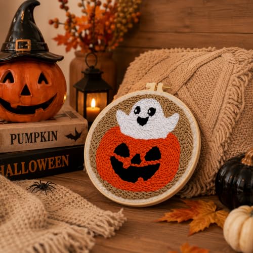 Punch Needle Kit for Beginners Adults-Pumpkin Ghost, with Embroidery Hoop - color: Punch Needle kit-Pumpkin Ghost