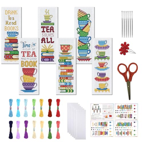 FREEBLOSS 6 Set Cross Stitch Bookmark Kits Book Teacup Pattern Stamped Cross Stitch Kit 11CT Embroidery Kit with Instructions for Beginners 20x6cm/8x2.4inch - style: Traditional
