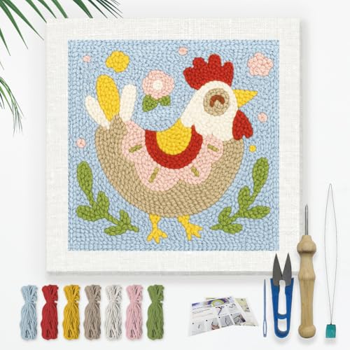 Doodlream Cute Chickens DIY Punch Needle Embroidery Kit for Adult Beginner, 9.4" Rooster Animal Punch Stitching Craft Set for Starter with Frame, Fabric Pattern, Threader, Yarn, Pinch Needle - color: Chickens