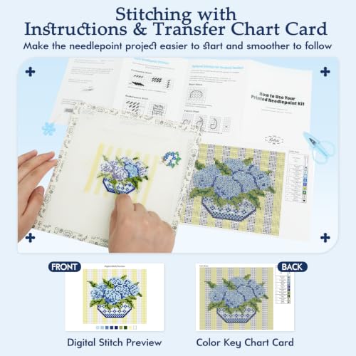 Kaitiaki 18 mesh Needlepoint Canvas Kit, 8 in Painted Canvas Set with Embroidery Floss, Needles, Guide Card, Instruction, Threader, Scissors & Project Bag for Crafter Gift(Hydrangea) - color: Hydrangea, size: 18 mesh