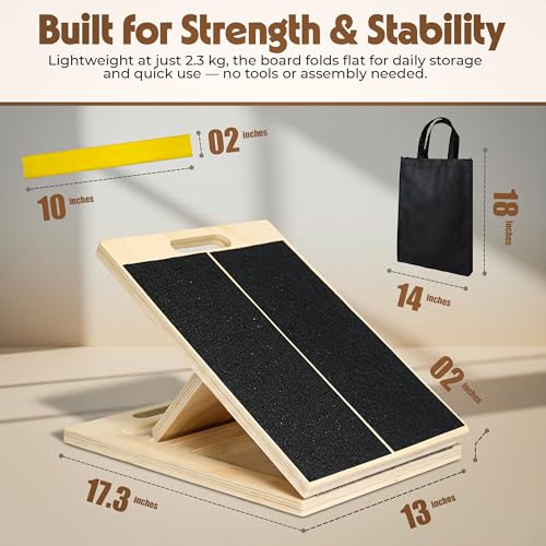 Wooden Slant Board for Calf Stretching, Adjustable Calf Stretcher Incline Wedge for Squats, Foot Ankle Heel Leg Stretch, Physical Therapy Balance Board, Portable with Carry Bag & Loop Band