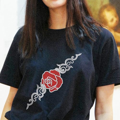 2 Pcs Curl Rose Pattern Iron on Rhinestones Transfer, Bling Crystal Clothing Repair Applique Heat Transfer Decal Heat Transfer Patch for T-Shirt Clothing Pants Bags - style: Curl Rose