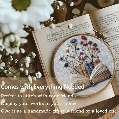 FONNUY Embroidery Kit for Beginners, Flower Book Pre-Stamped Pattern Kits for Adults with Hoop, Cross Stitch Easy to Follow Color Thread Needlework, 8'' Hoop (Blue) - color: Blue