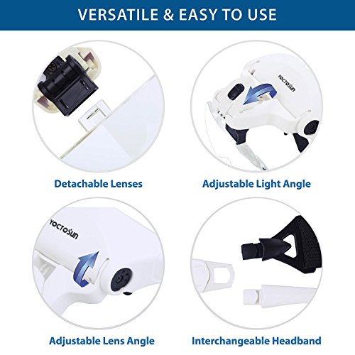 YOCTOSUN Head Mount Magnifier with 2 Led Professional Jeweler's Loupe Light Bracket and Headband are Interchangeable - style: Head Magnifier with 2 LED Lights