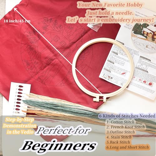 FONNUY Christmas Embroidery Kit for Beginners, Throw Pillow Case Cross Stitch Set Winter Snow House Holly Tree Pattern for Adults, Hand Works Crafts Throw Pillow Cover, 18 x 18'' (Red) - color: Red